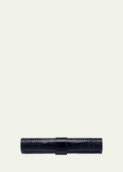 Smythson Mara Croc-embossed Leather Backgammon Roll In Navy