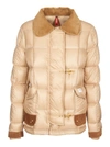 Fay Down Jacket With Corduroy Collar And Leather Trim In Neutrals