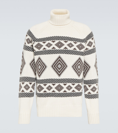 Brunello Cucinelli Cashmere Jacquard Turtleneck Sweater In White