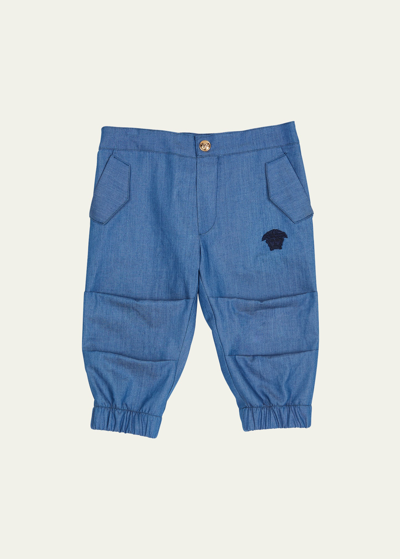 Versace Kids' Boy's Medusa Chambray Pants In Light Blue Navy