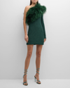 Lapointe Metallic Jersey One Shoulder Dress With Feathers In Emerald