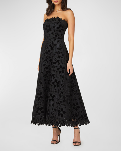 Shoshanna Strapless Floral Velvet Lace Gown In Jet