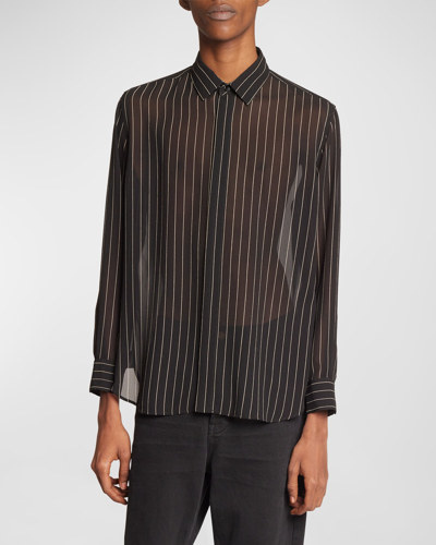 Saint Laurent Men's Yves Striped Georgette Dress Shirt In Black-blac