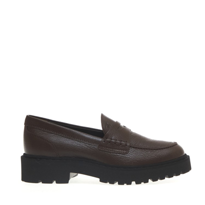 Hogan Brown Leather Route Bottom Moccasin In Black