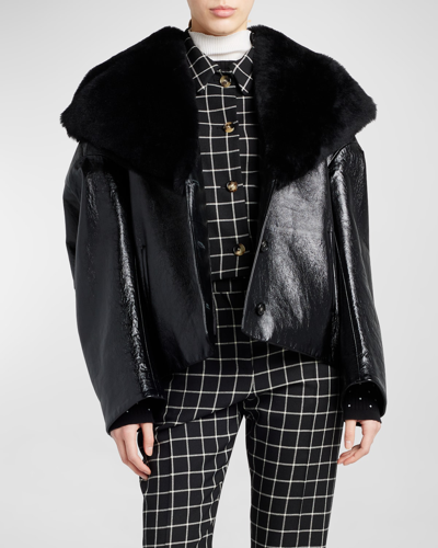 Marni Leather Short Jacket With Shearling Shawl Collar In Black