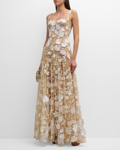Bronx And Banco Jasmine Sleeveless Floral Applique Gown In Cream