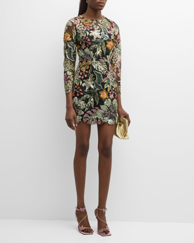 Milly Scottie Sequin Floral-embroidered Mini Dress In Loden Mult