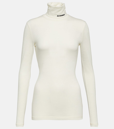 Jil Sander Logo Wool Blend Jersey Turtleneck Top In White