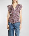 Isabel Marant Lonea Printed Center Ruched Blouse In Faded Night