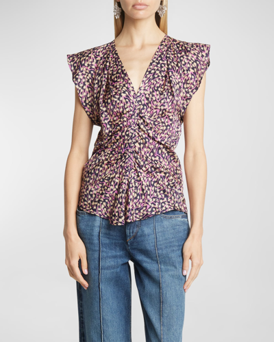 Isabel Marant Lonea Printed Center Ruched Blouse In Black