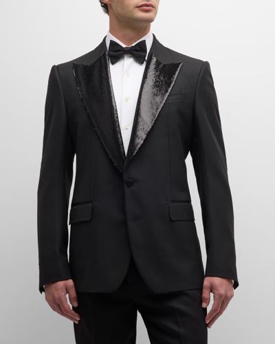 Dolce & Gabbana Men's Tuxedo Jacket With Sequin Lapels In Black