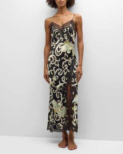 Josie Natori Camille Floral-print Lace-trim Nightgown In Black W Gold
