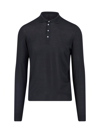 Drumohr Fitted Black Merino Wool Long Sleeve Polo In Black