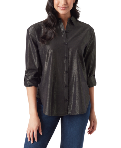 Gloria Vanderbilt Plus Size Amanda Button-down Collared Shirt In Black Lurex