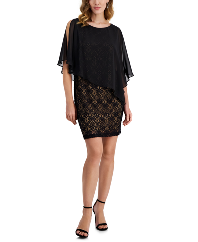 Connected Petite Chiffon-overlay Lace Sheath Dress In Black,gold