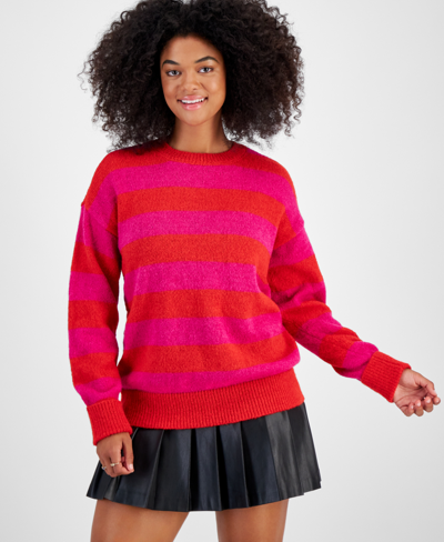 Bar Iii Petite Fuzzy Striped Crewneck Drop-shoulder Sweater, Created For Macy's In Red,pink Stripe
