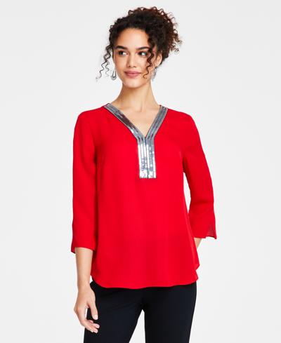 Jm Collection Petite Sequined-trimmed Y-neck 3/4-sleeve Top, Created For Macy's In Real Red