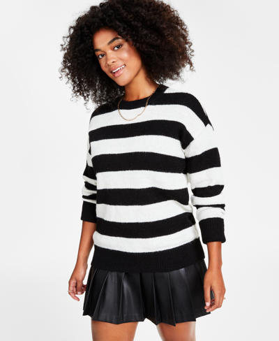 Bar Iii Petite Fuzzy Striped Crewneck Drop-shoulder Sweater, Created For Macy's In Black,white Stripe