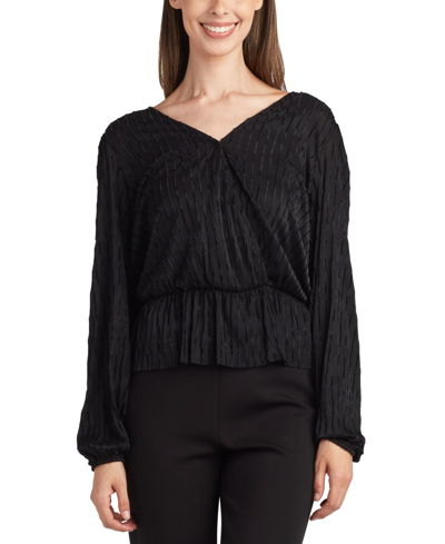 Bcx Juniors' Textured Tie-back V-neck Long-sleeve Peplum Top In Black