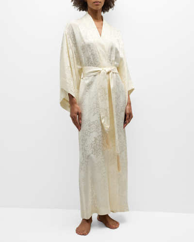 Josie Natori Ines Long Floral Jacquard Dressing Gown In Warm White