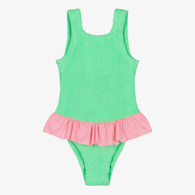 Hunza G Kids' Girls Green Ruffle Crinkle Swimsuit In Lime,bubblegum