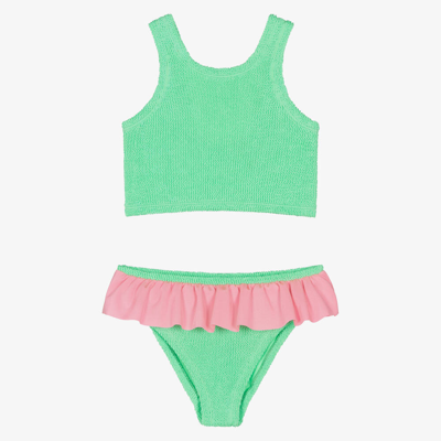 Hunza G Kids' Girls Green & Pink Crinkle Frill Bikini