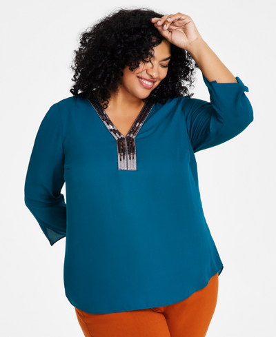 Jm Collection Plus Size Sequined-neck 3/4-sleeve Top, Created For Macy's In Teal Evergreen
