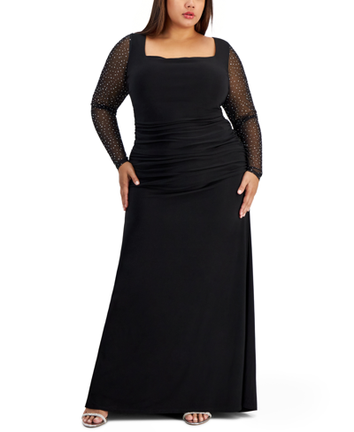 City Studios Trendy Plus Size Ruched Lace-up-back Gown In Black