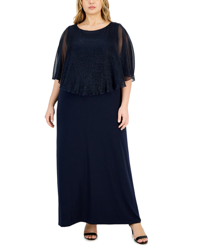 Connected Plus Size Cape-overlay Maxi Dress In Navy
