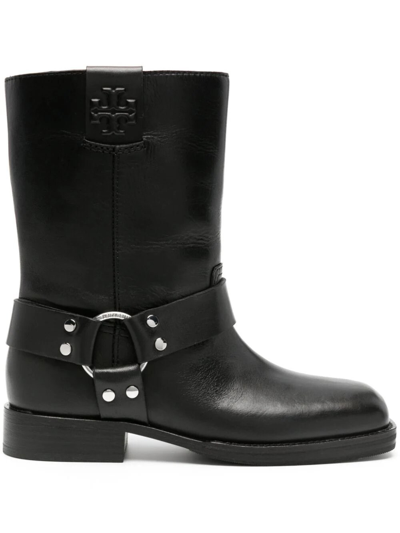 Tory Burch Leather Harness Short Biker Boots In Black
