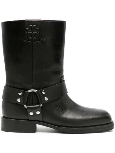 Tory Burch Leather Harness Short Biker Boots In Black  