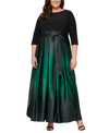 Sl Fashions Three-quarter Sleeve Jersey Bodice Ombré Satin A-line Gown In Black,green