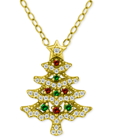 Giani Bernini Cubic Zirconia Christmas Tree Pendant Necklace, 16" + 2" Extender, Created For Macy's In Silver,multi