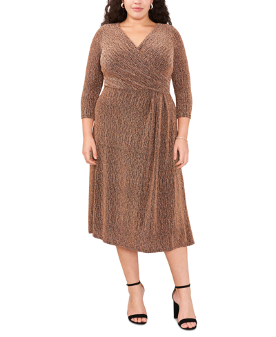 Msk Plus Size 3/4-sleeve Faux-wrap Midi Dress In Black,gold