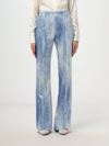 Ermanno Scervino Cotton Pants With Denim Print And Floral Pattern In Gnawed Blue