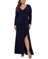 Betsy & Adam V-neck Cascading Ruffle Gown In Navy