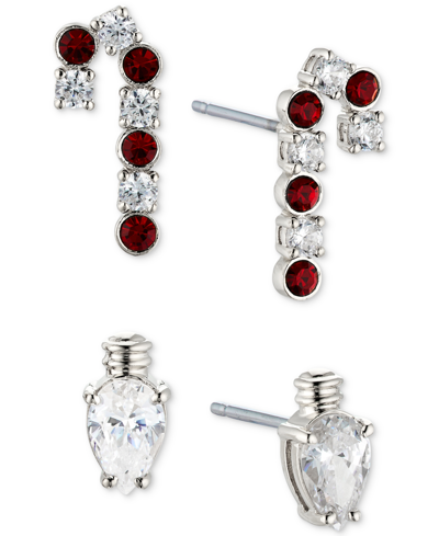 Ava Nadri Silver-tone 2-pc. Set Crystal Candy Cane & Light Bulb Stud Earrings In Rhodium