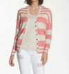 Label+thread Striped Cotton Cardigan In Coral/ecru In Multi
