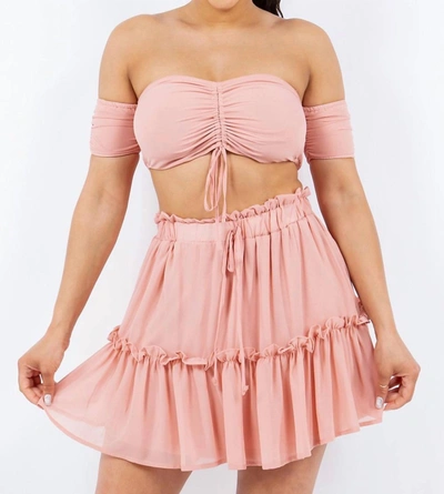 Haute Monde Solid Chiffon Off The Shoulder Skirt Set In Pink
