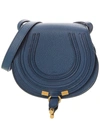 Chloé Marcie Small Leather Shoulder Bag With Logo Engraving In Blue