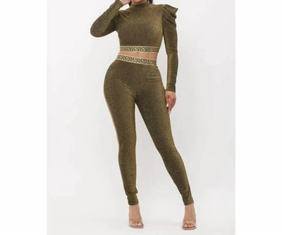 Love J Style Lurex Band Trim Puff Sleeve Top And Band Trim Leggings Set In Olive In Green