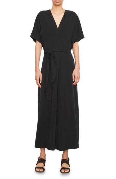 Vince Short-sleeve Belted Long Tencel Dress In Black