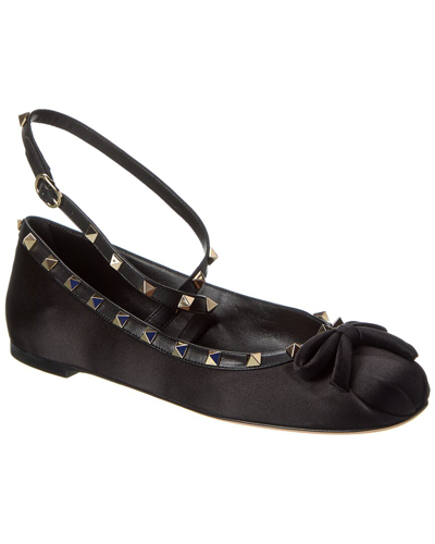 VALENTINO GARAVANI VALENTINO ROCKSTUD SATIN & LEATHER ANKLE STRAP BALLERINA FLAT