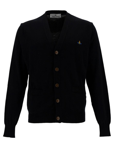 VIVIENNE WESTWOOD BLACK V NECK CARDIGAN WITH ORB EMBROIDERY IN COTTON AND CASHMERE MAN