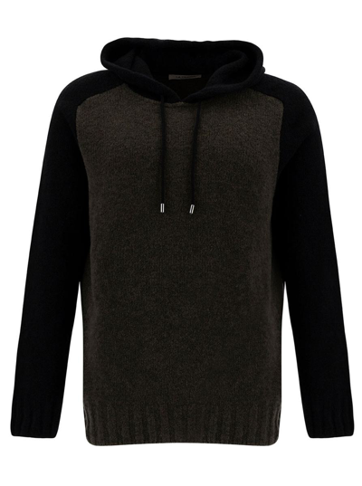 La Fileria Black And Grey Hooded Bi-color Sweater In Wool Blend Man