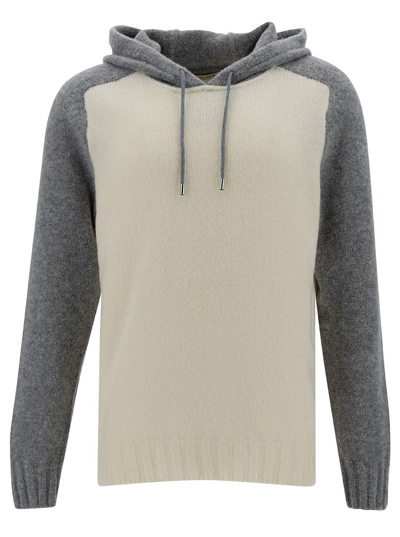 La Fileria White And Grey Hooded Bi-color Sweater In Wool Blend Man In Neutrals