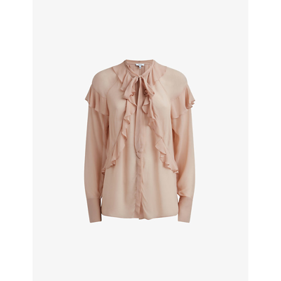 Reiss Winnie Ruffle-trim Long-sleeve Woven Blouse In Beige