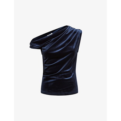 Shop Reiss Women's Navy Mia Drape Stretch-velvet Top