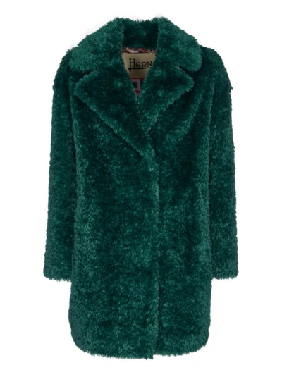 Herno Curly Fake Fur Coat In カレッジグリーン