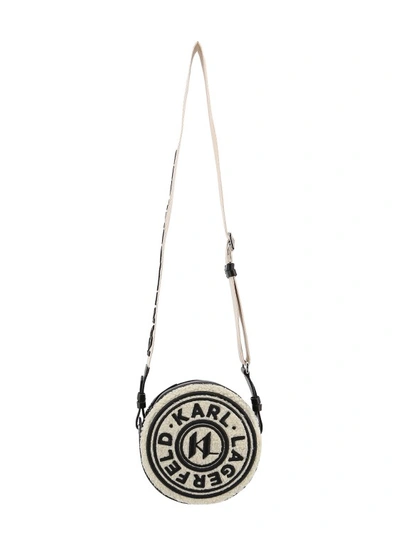 KARL LAGERFELD SHEARLING AND LEATHER SHOULDER BAG WITH EMBOSSED LOGO